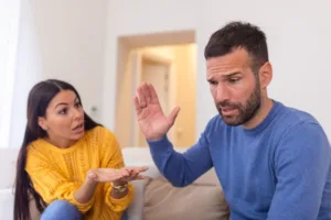 divorce concept of a narcissistic husband and crazy wife arguing