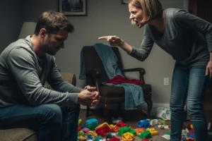 father being accused of child neglect by ex wife with toys, diapers and clutter everywhere