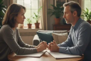 divorced couple serious about improving communication with each other