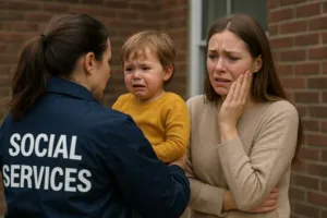 upset mom watching her child being removed from house by social services worker