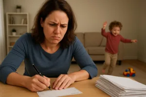 Who pays attorney’s fees? A stressed mom writes a check with a stack of paperwork beside her while wondering if she’s responsible for child-custody legal costs