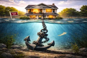 A visual metaphor of a house attached to a heavy anchor by a thick chain, representing the financial burden of keeping a home after a divorce