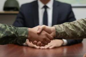 military divorce mediation concept showing spouses shaking hands with mediation lawyer in background