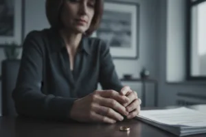 post divorce estate plan concept showing divorced woman ignoring estate plan paperwork on desk