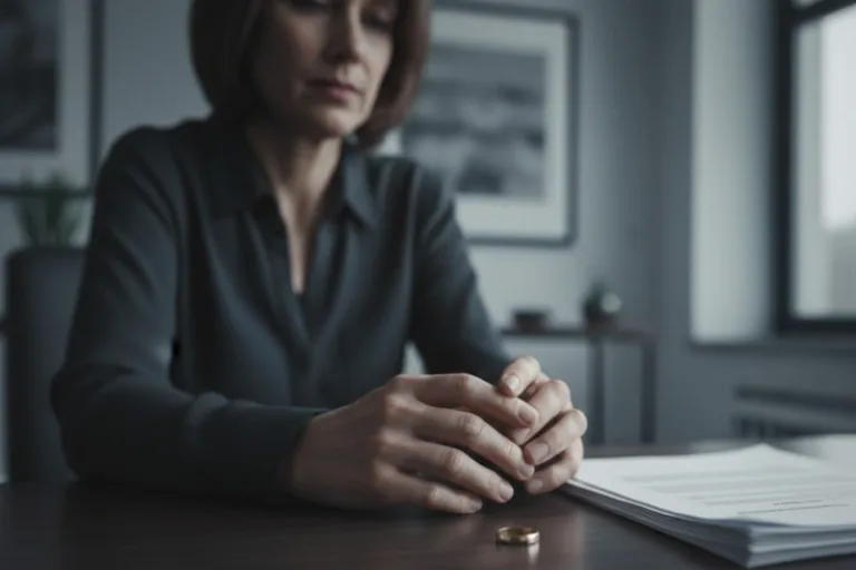 post divorce estate plan concept showing divorced woman ignoring estate plan paperwork on desk