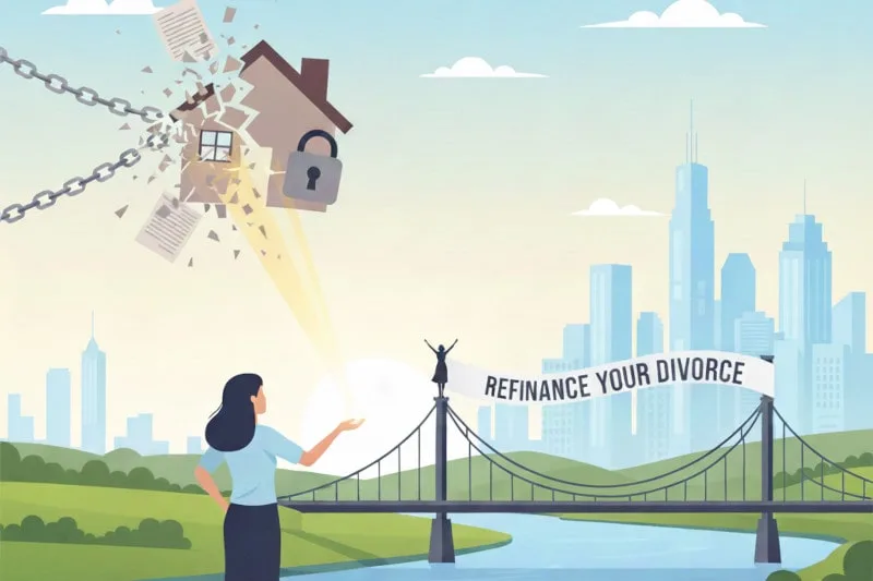 An illustration of a woman choosing financial freedom, represented by a bridge with a 'Refinance Your Divorce' banner, leaving behind a house trapped by chains and locks