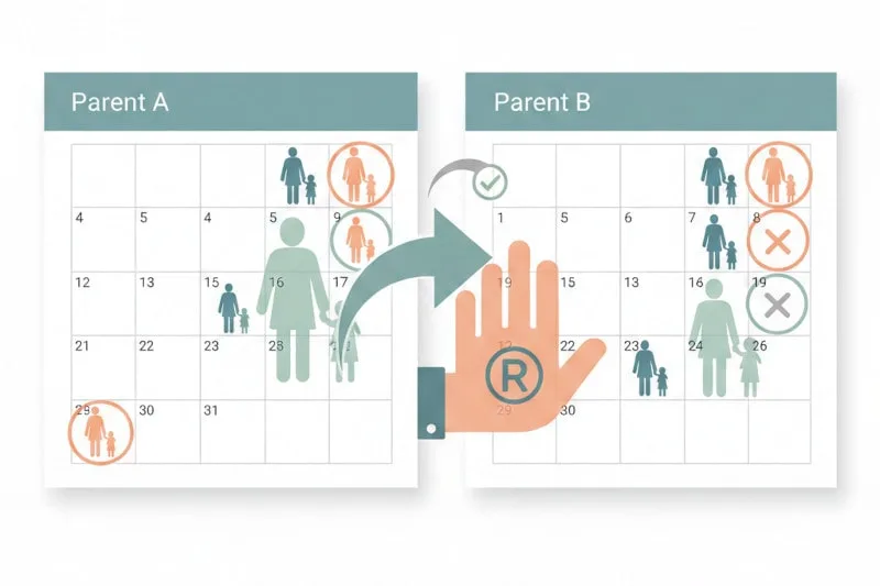 An infographic of two custody calendars showing the Right of First Refusal concept, where a scheduled visitation day is offered to the other parent