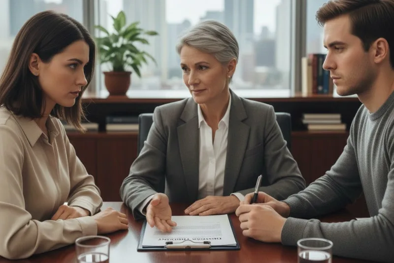 uncontested divorce mediation concept showing husband and wife being cooperative with mediator