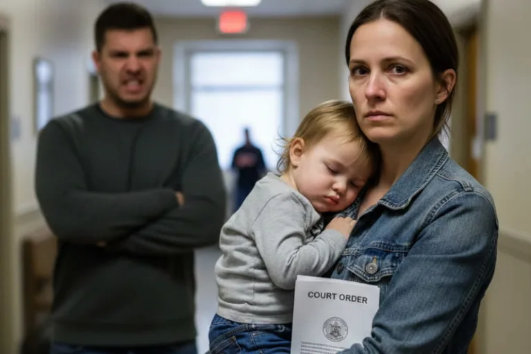 mother holding her child with court order in hand and upset father in background, representing an emergency child custody order
