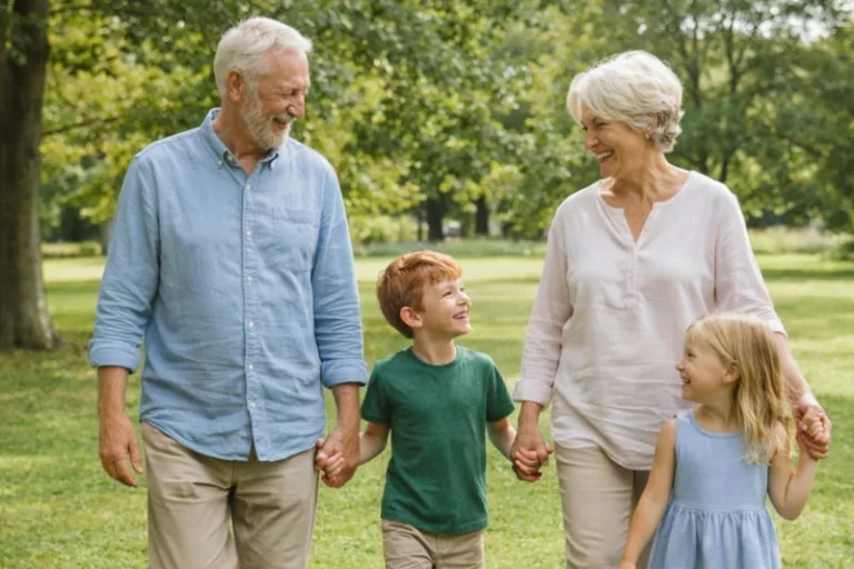 grandparents spending time with their grandchildren during a park walk, representing grandparent visitation