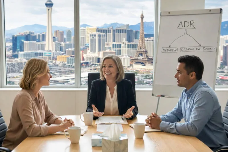 family lawyer explaining Alternative Dispute Resolution (ADR) to a couple in an office, with a whiteboard showing 'mediation' and 'collaborative divorce' options